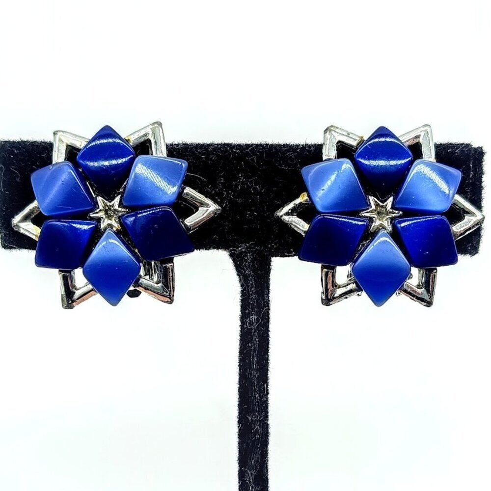 Blue Star of David Silver Finish Clip On Earrings